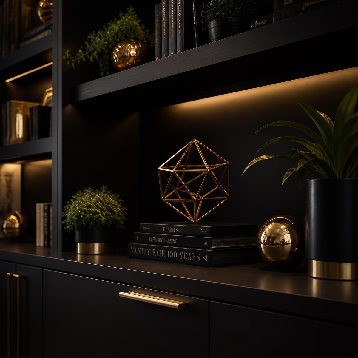 Dark luxury shelf styled with gold accents